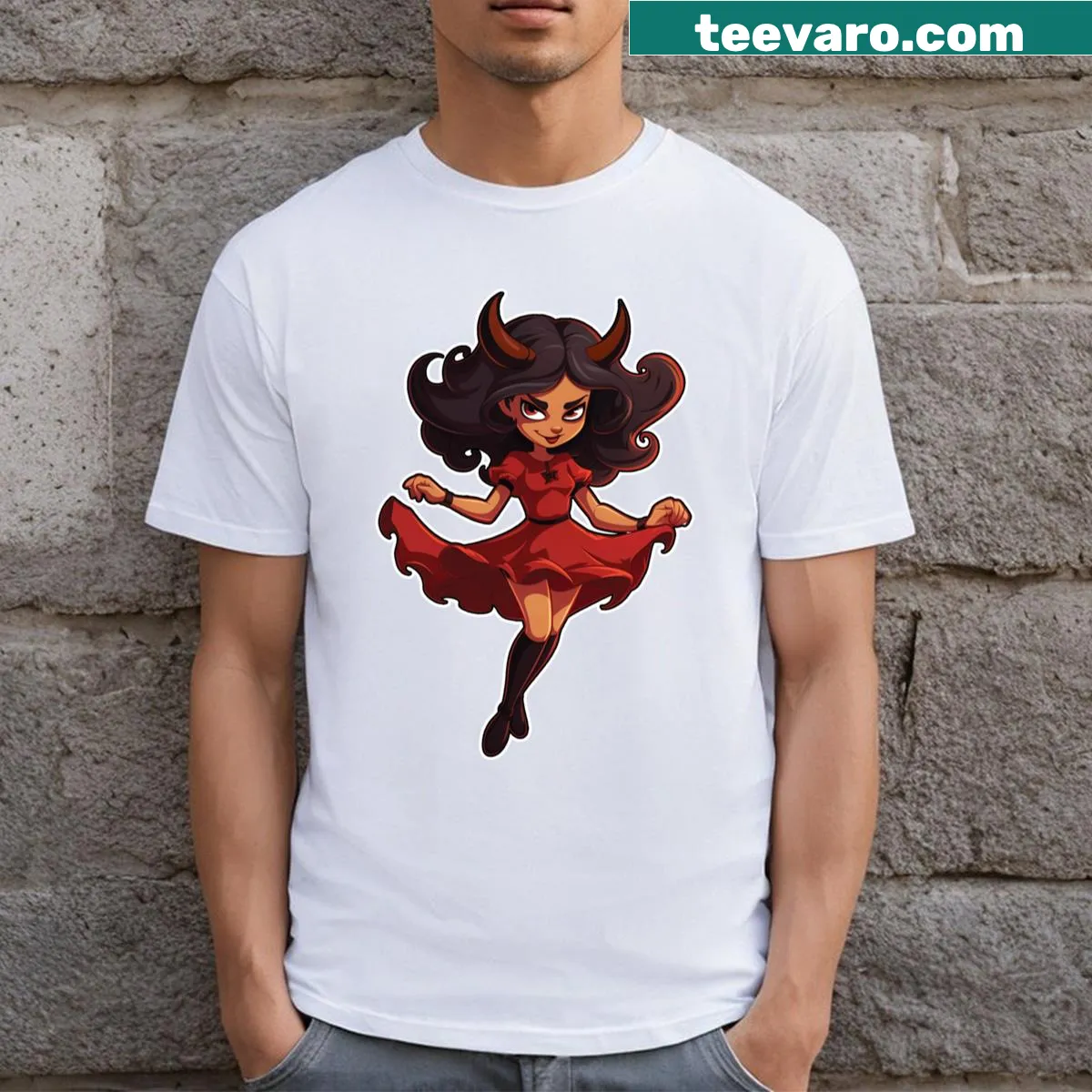 Illustration of a cute little devil girl on T-shirt — on a men's t-shirt