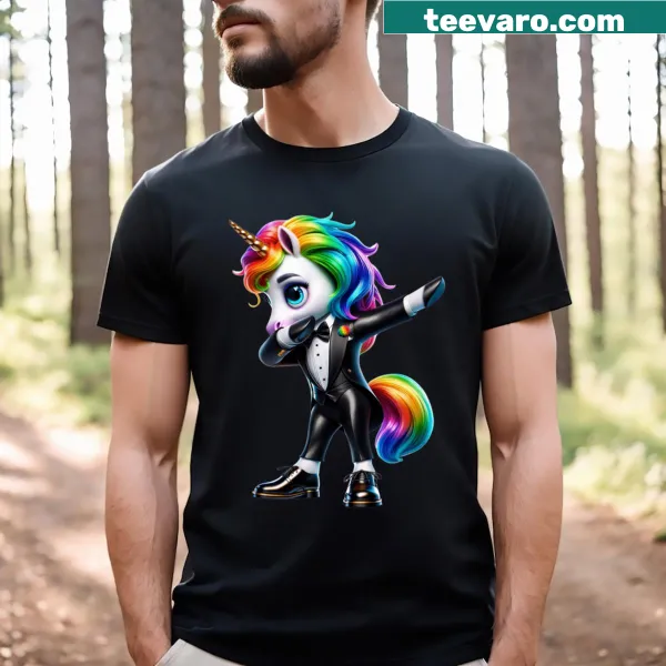 Illustration of a rainbow unicorn in a dabbing tuxedo pose
