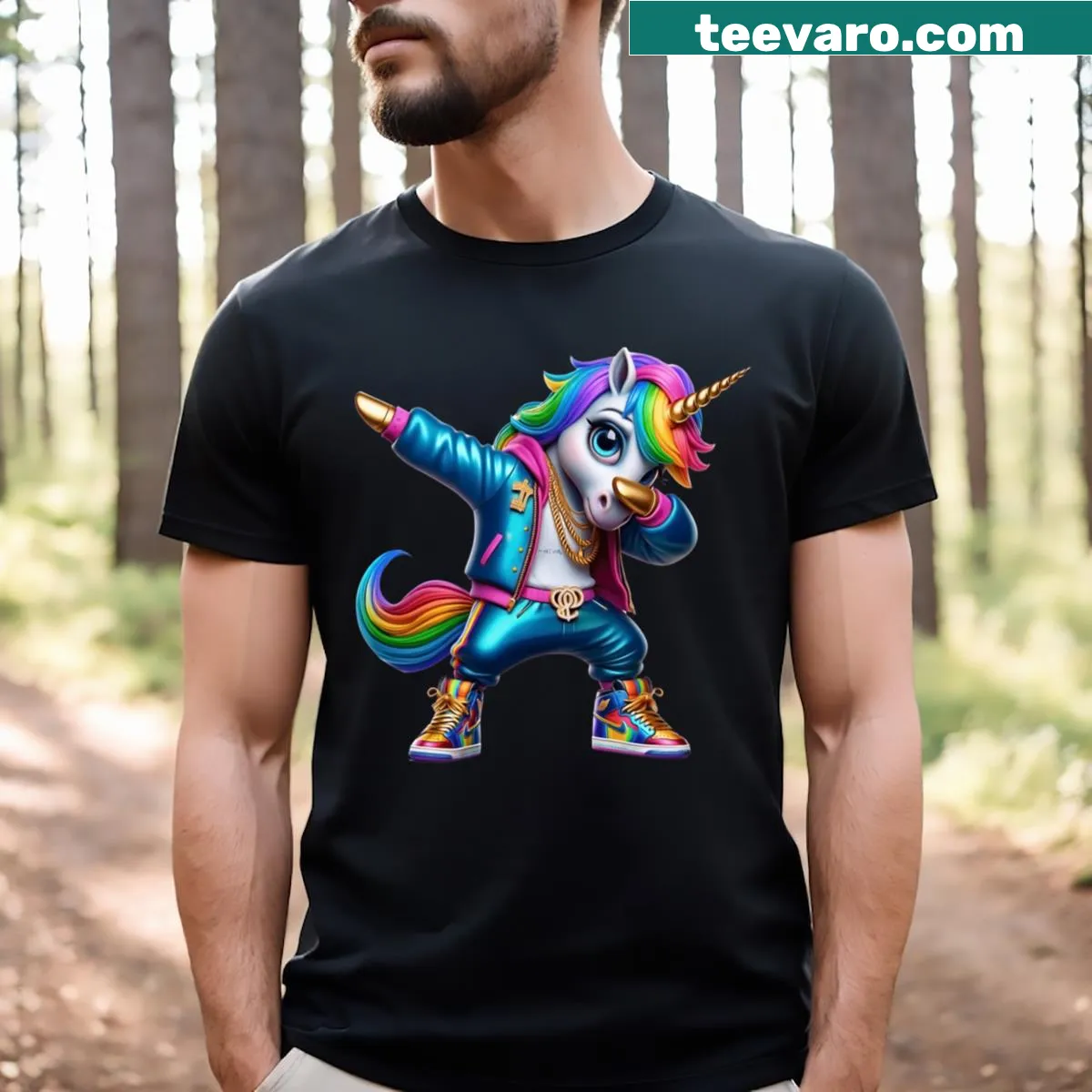 Adorable unicorn t-shirt with dabbing pose in tuxedo illustration — on a men's t-shirt