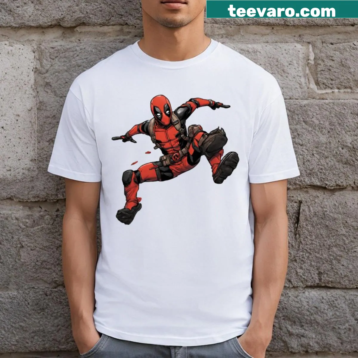 Graphic t-shirt featuring Deadpool in an action pose — on a men's t-shirt