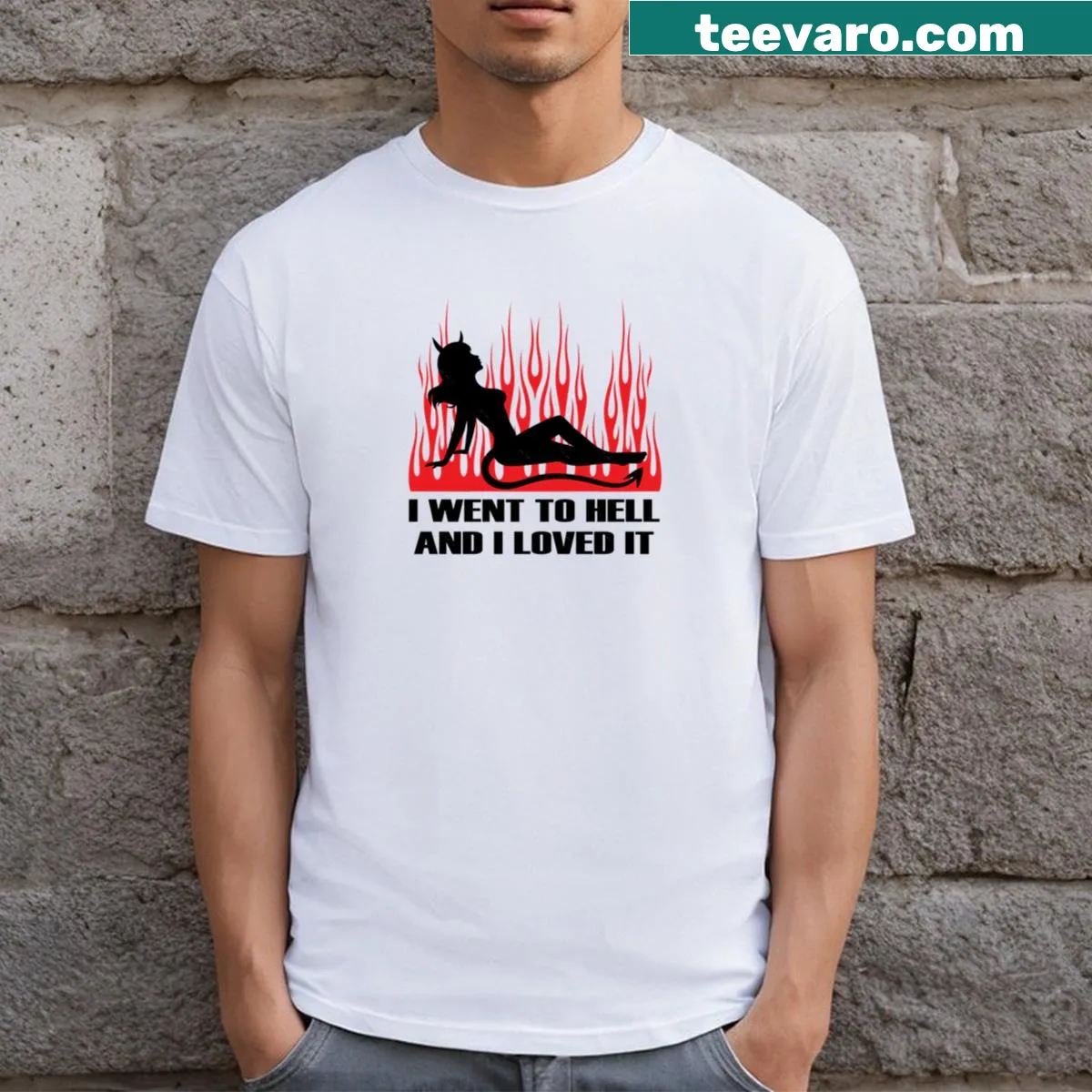 Edgy t-shirt design of a devil woman with fire elements — on a men's t-shirt