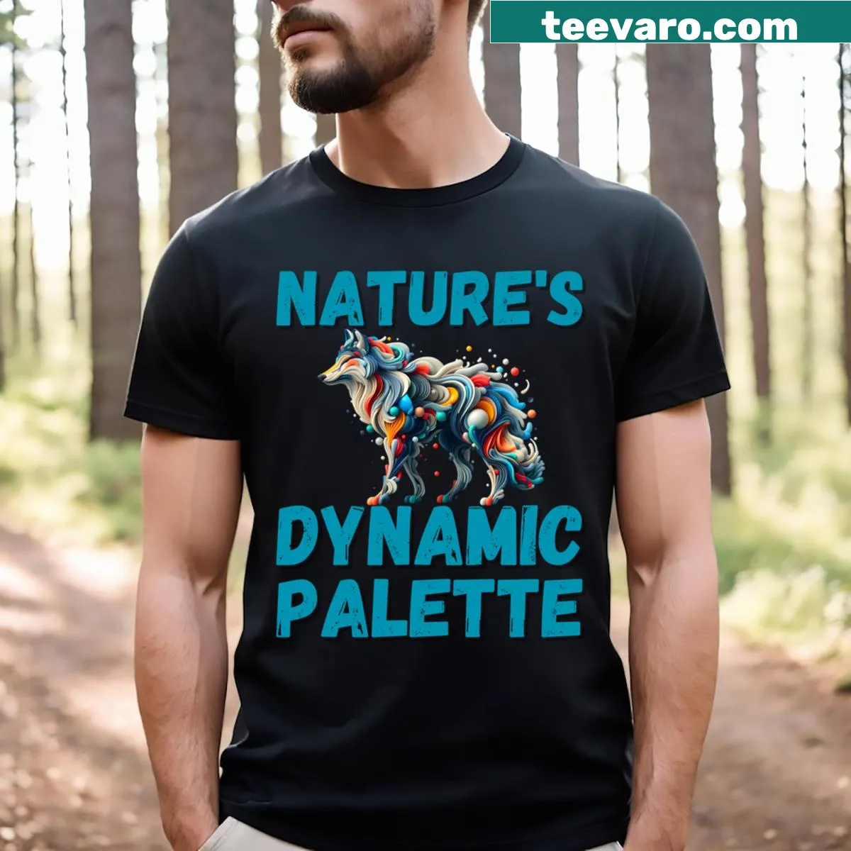 Abstract wolf design on a nature-themed T-shirt — on a men's t-shirt