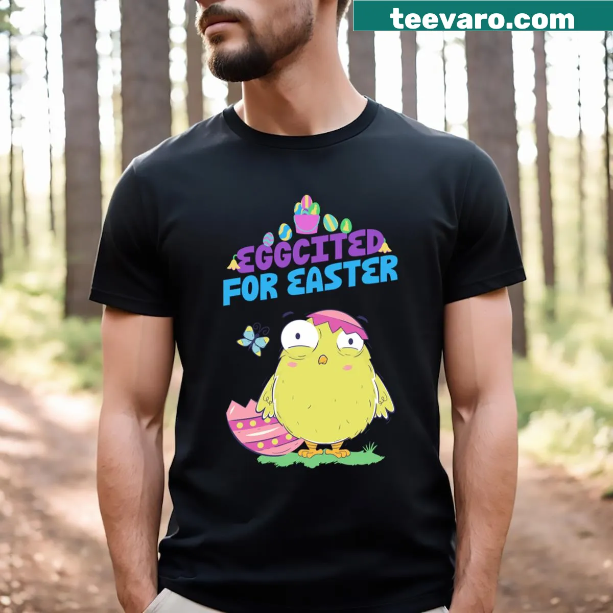 Cute Easter-themed T-shirt with 'Eggcited' design — on a men's t-shirt