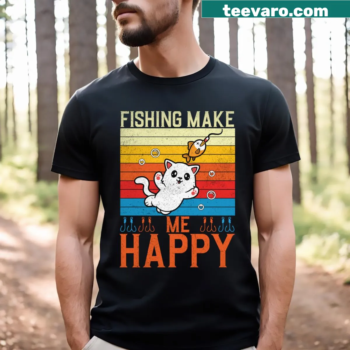 Funny cat T-shirt with cartoon illustration of a cat fishing — on a men's t-shirt