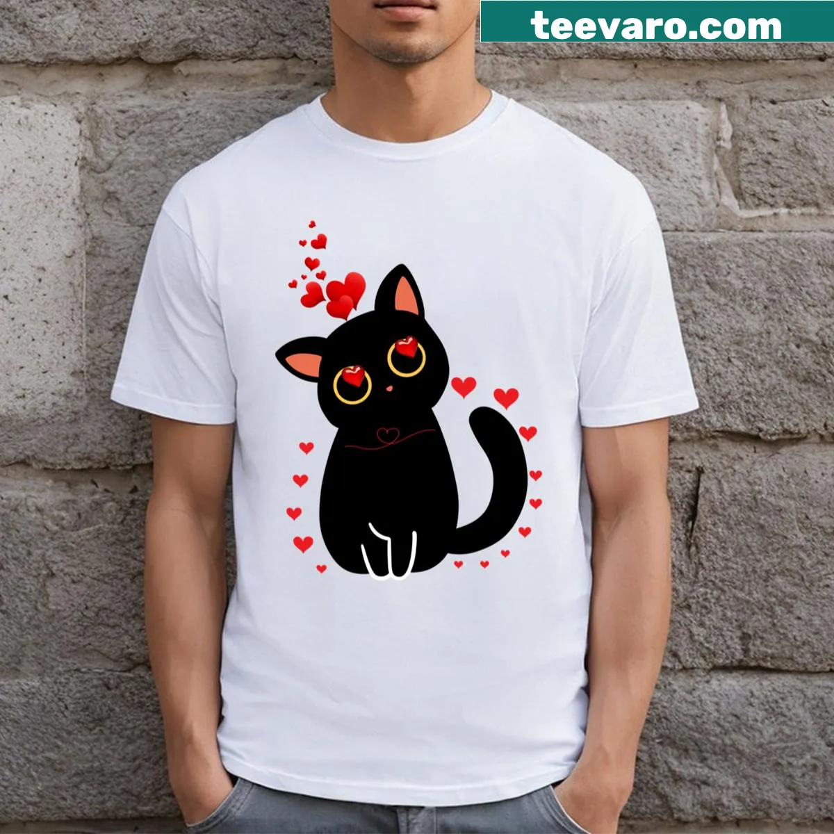 Cute t-shirt with a kitten illustration and heart design for Valentine's Day. — on a men's t-shirt