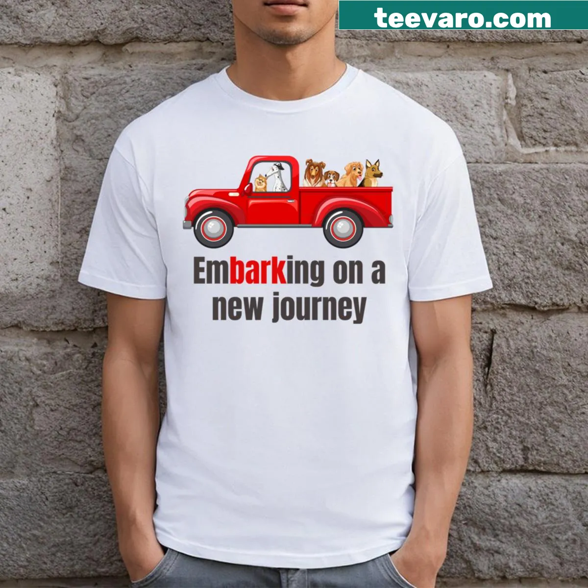 Humorous T-shirt with dogs traveling in a truck design — on a men's t-shirt