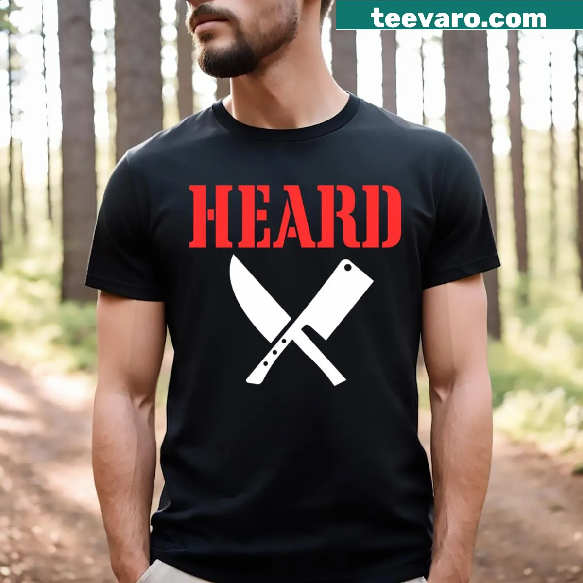 Humorous t-shirt with the phrase 'Heard Chef Sous Executive Pastry' in bold text. — on a men's t-shirt