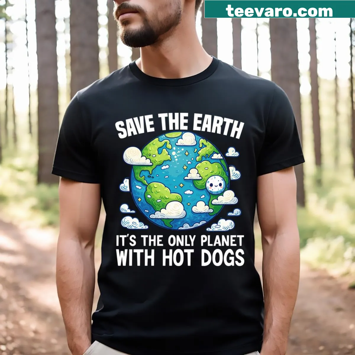 Cartoon hot dogs graphic for Earth Day T-shirt — on a men's t-shirt
