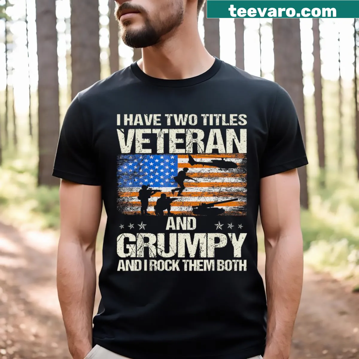 Funny shirt with the titles 'Veteran' and 'Grumpy Dad' for dads — on a men's t-shirt