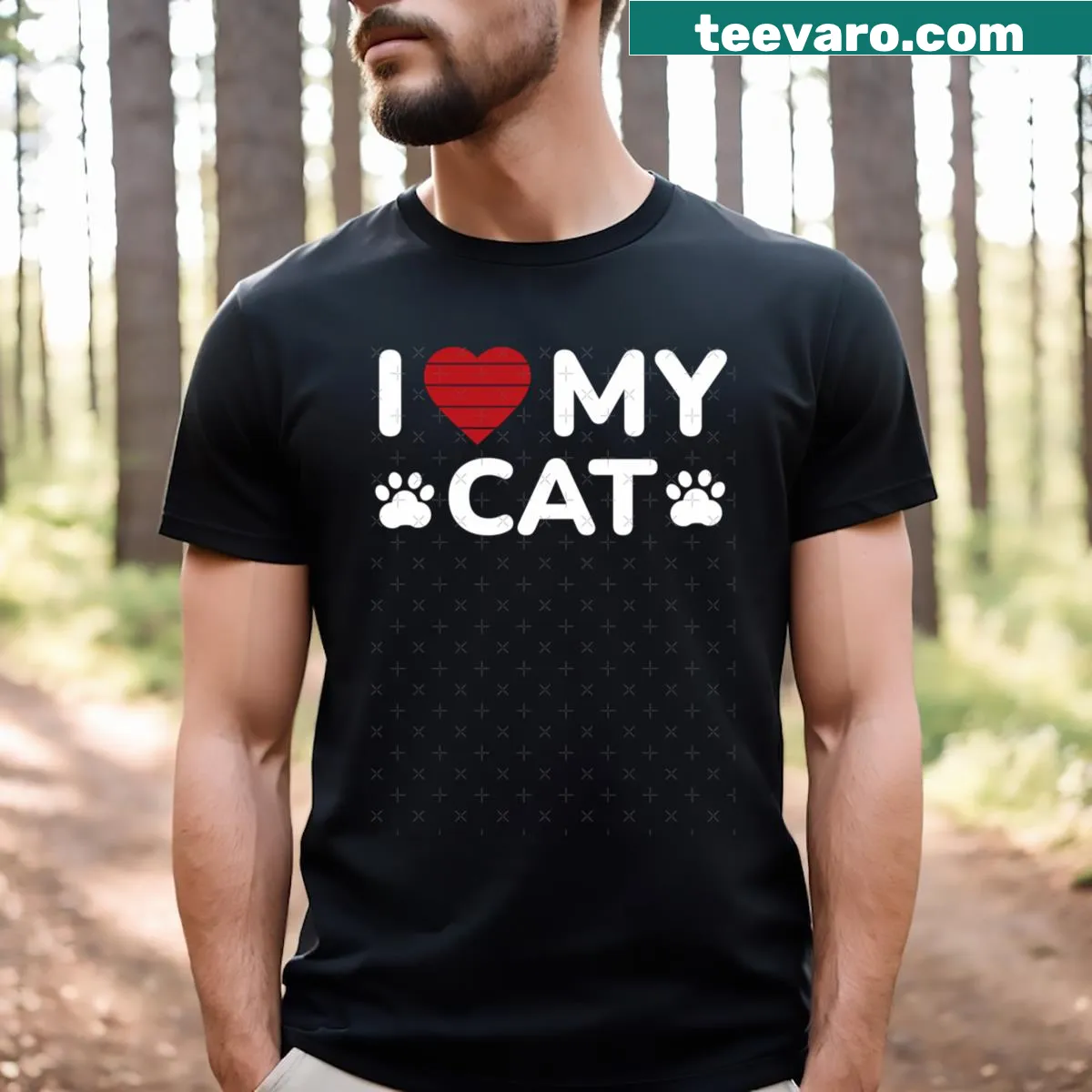 Illustrative T-shirt expressing love for cats — on a men's t-shirt