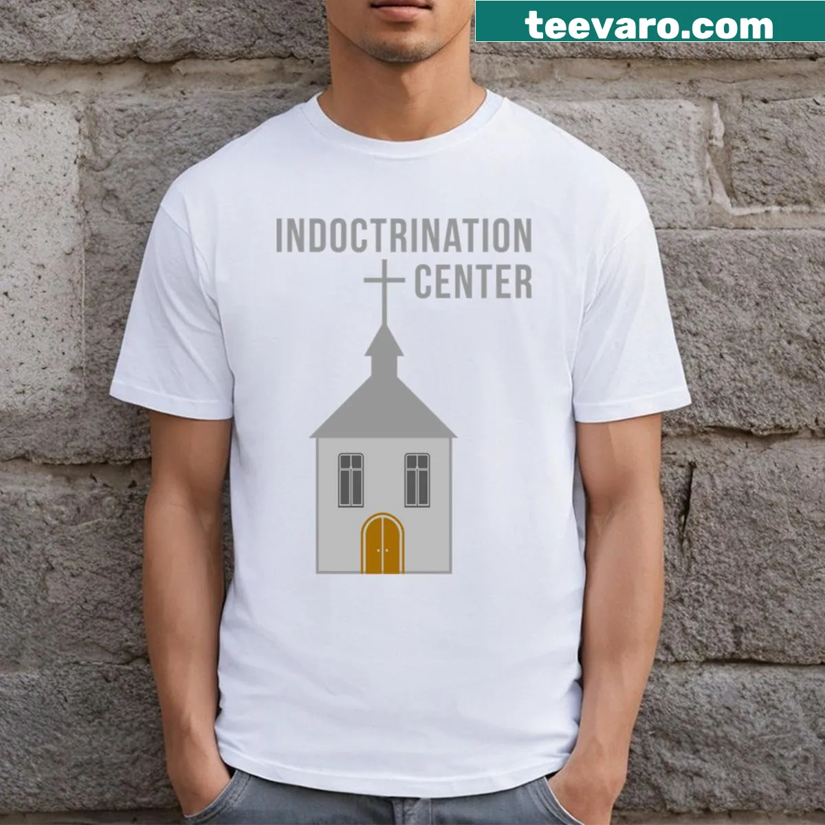 Humorous design stating 'Indoctrination Center' in playful typography — on a men's t-shirt
