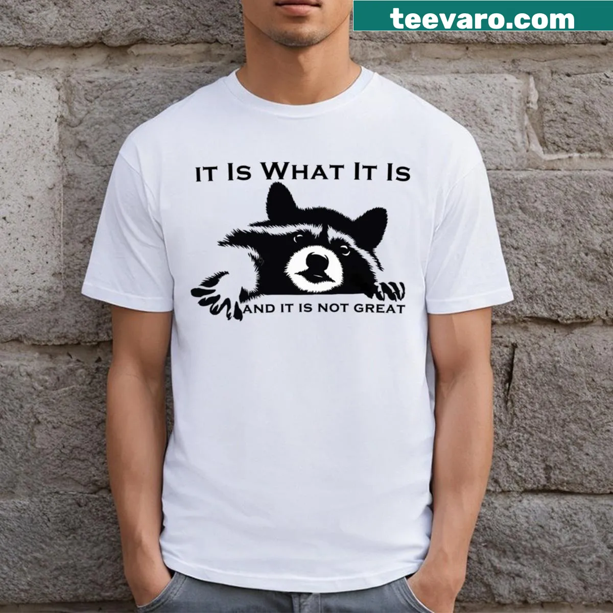Sarcastic T-shirt with raccoon design and humorous text — on a men's t-shirt