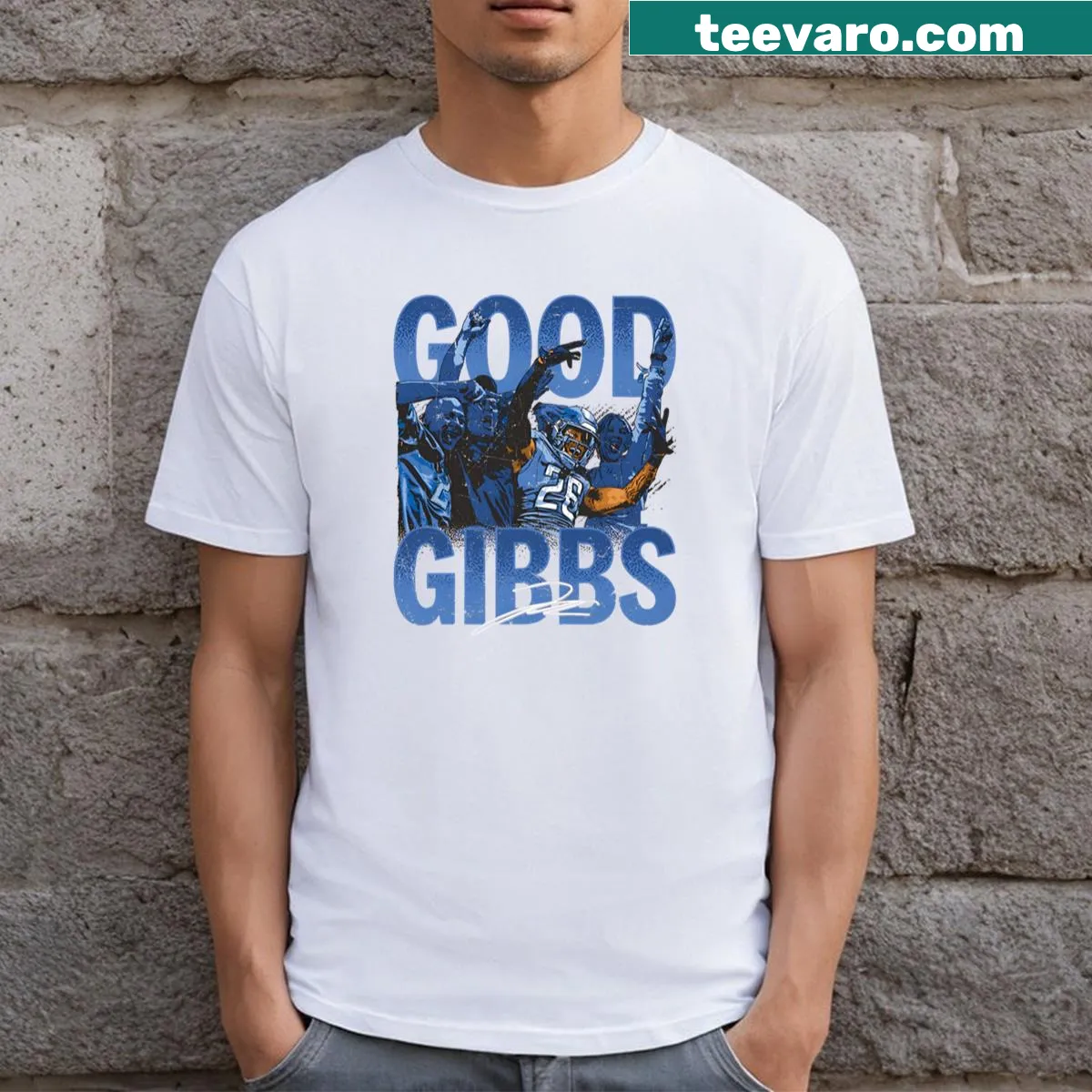 Jahmyr Gibbs T-shirt featuring an illustration celebrating the athlete — on a men's t-shirt