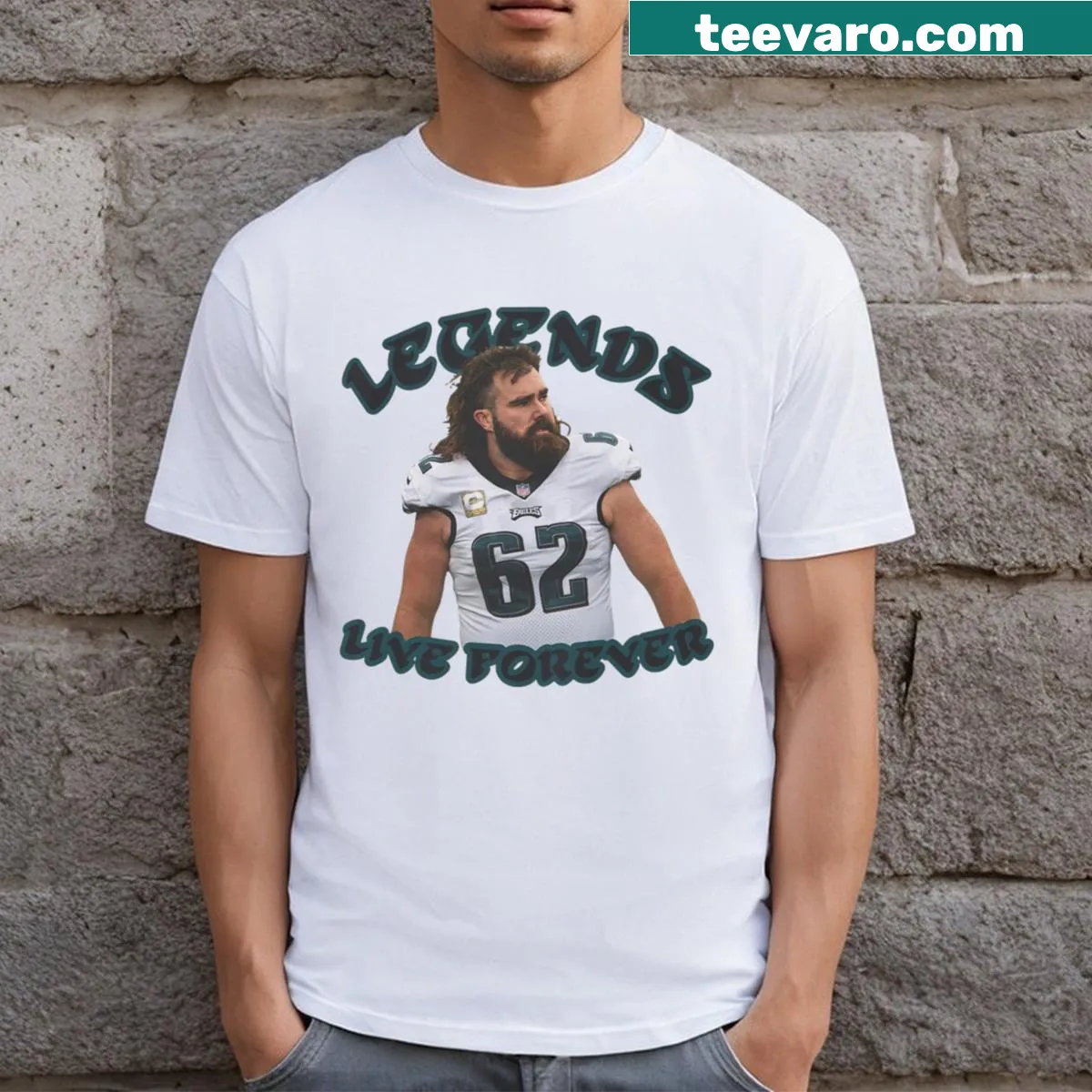 Jason Kelce T-shirt featuring his name and number 62 — on a men's t-shirt