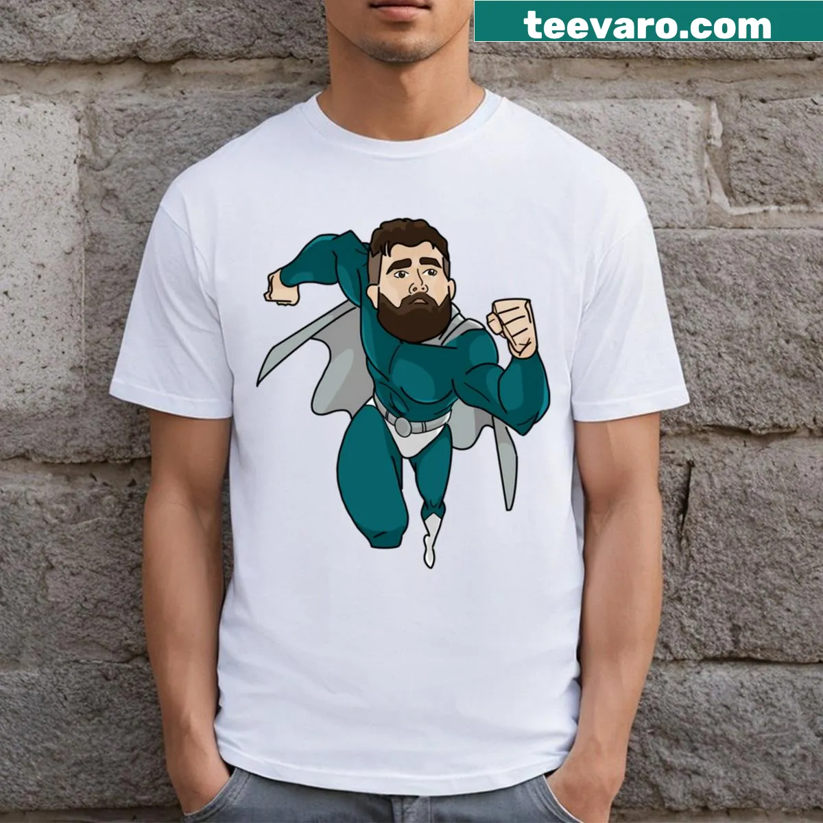 Superhero-themed t-shirt featuring Jason Kelce illustration — on a men's t-shirt