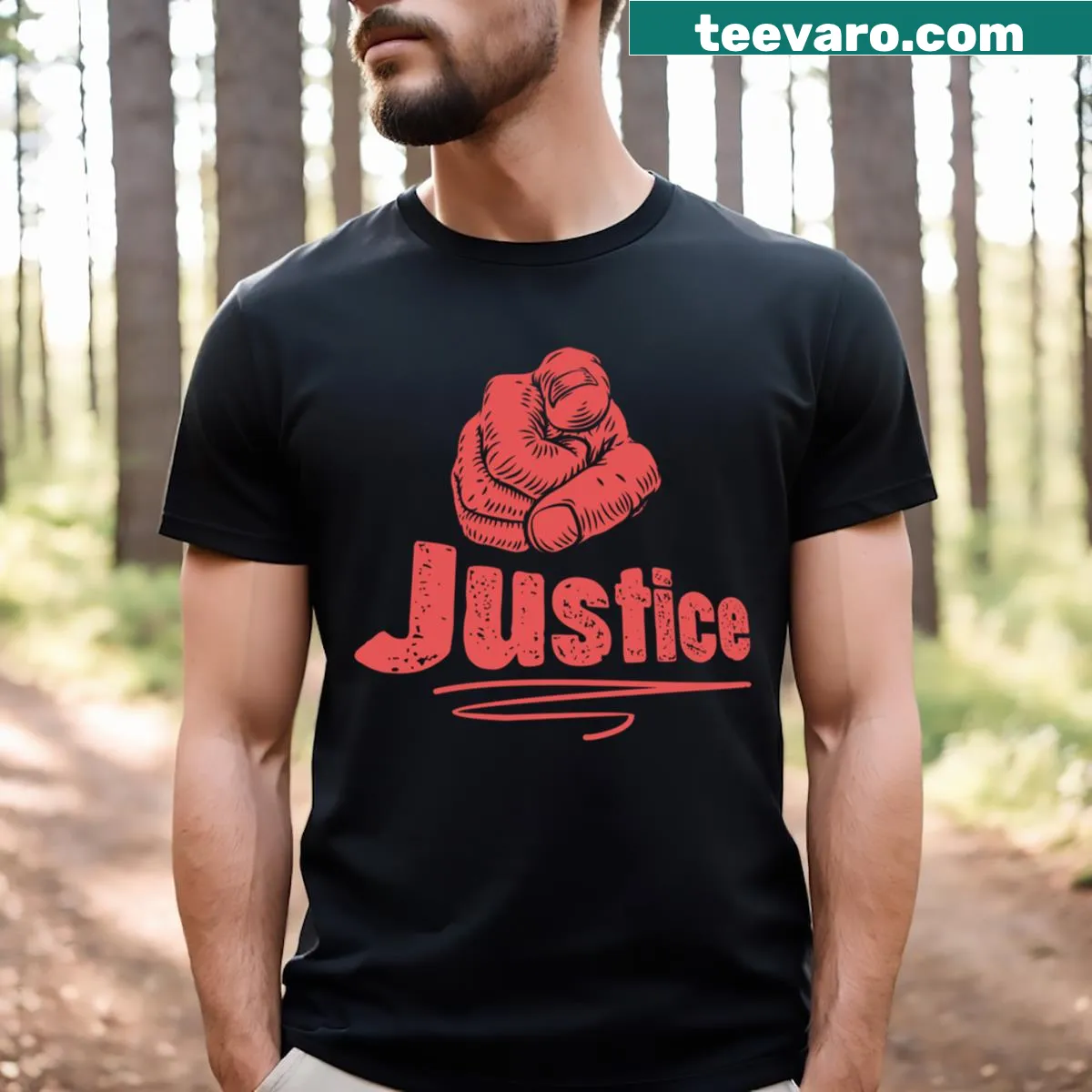 T-shirt with a graphic of a pointing finger and the word 'Justice' — on a men's t-shirt