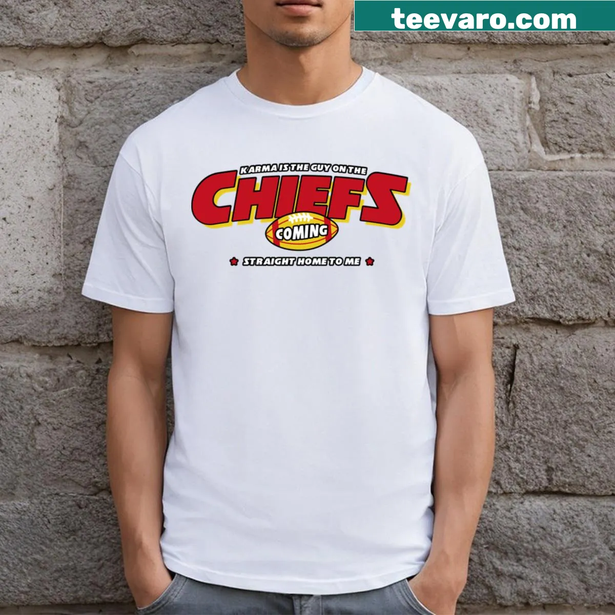 T-shirt with the phrase 'Karma Is The Guy' in playful typography. — on a men's t-shirt
