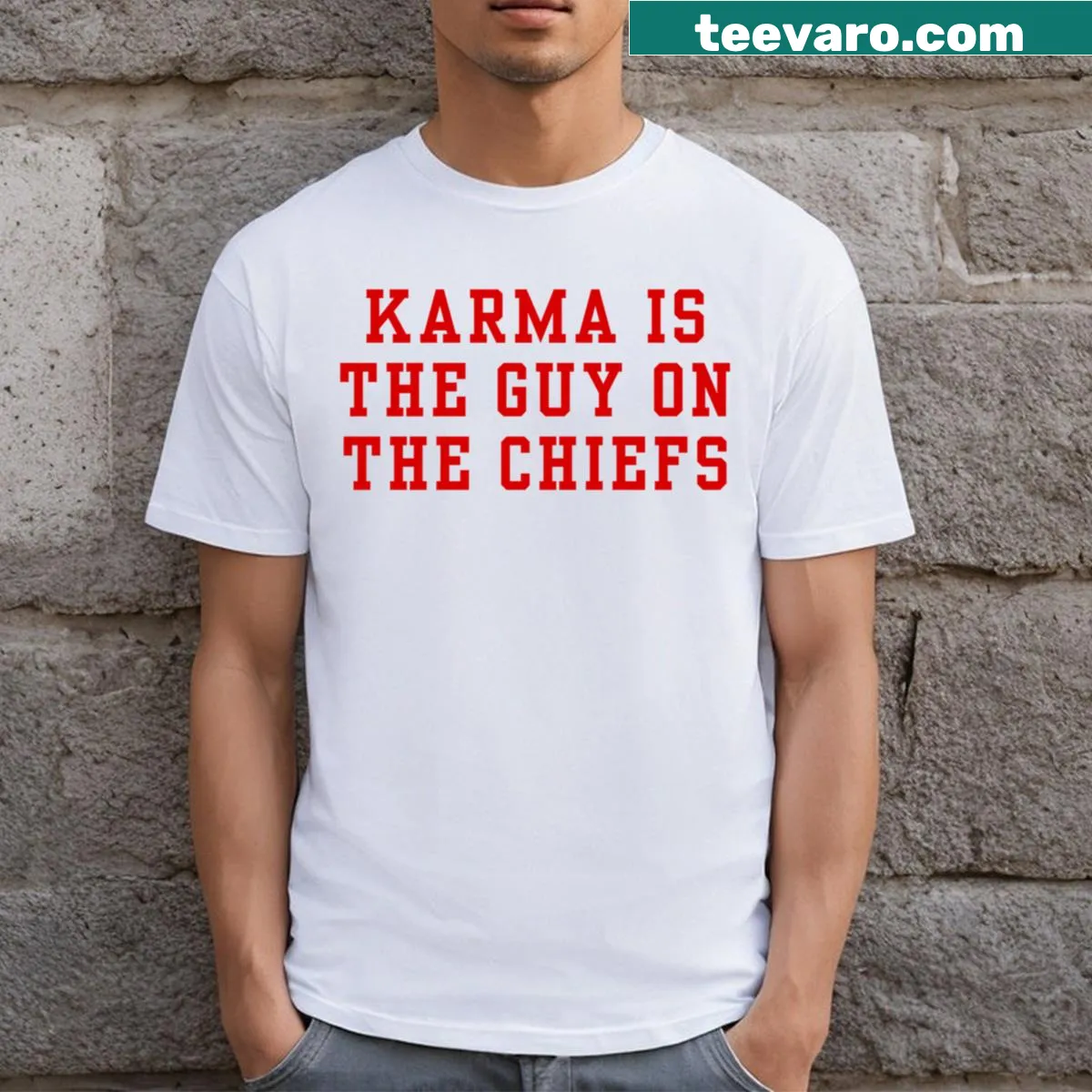 Red T-shirt featuring the phrase 'Karma Is The Guy' in fun typography. — on a men's t-shirt
