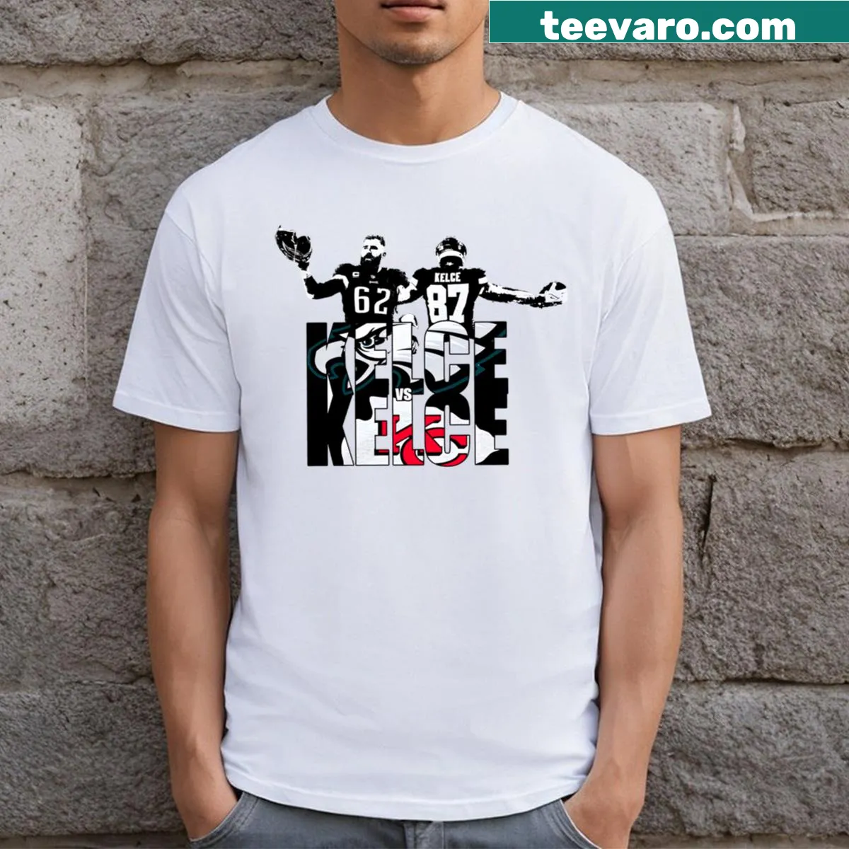 Illustrated T-shirt showcasing the rivalry of players named Kelce — on a men's t-shirt