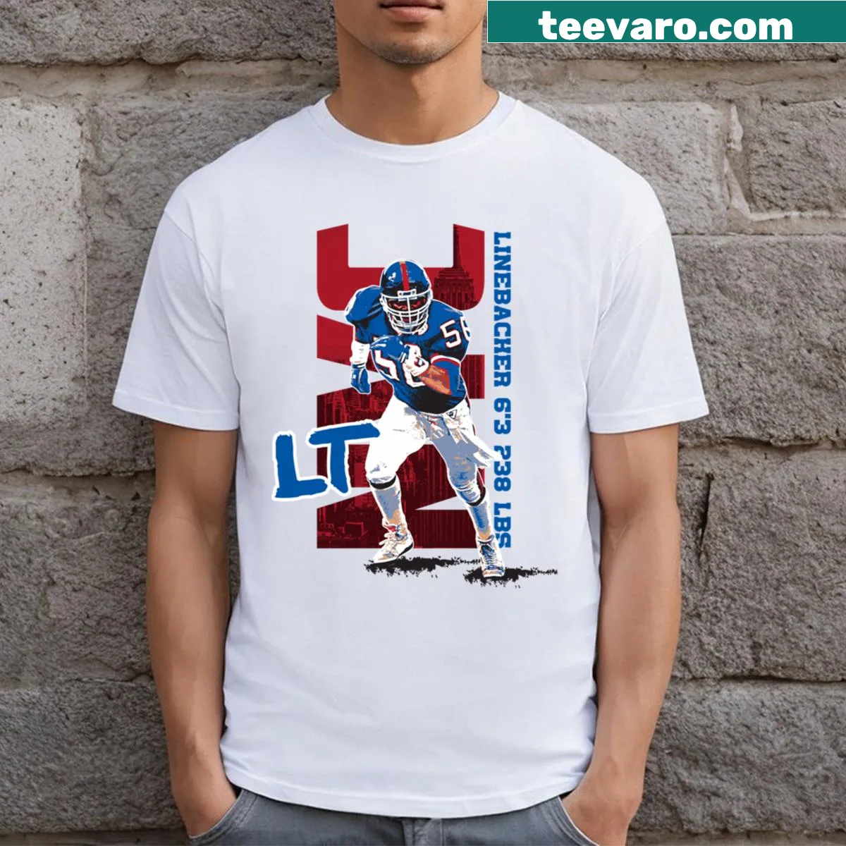 Lawrence Taylor t-shirt featuring bold LT initials — on a men's t-shirt