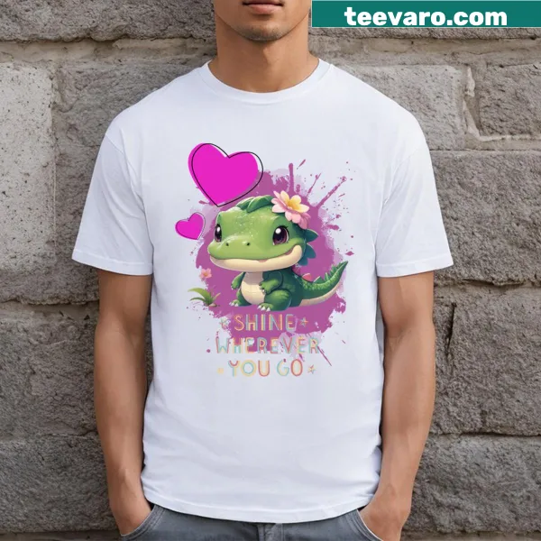 Cute baby crocodile with pink flowers and hearts illustration.