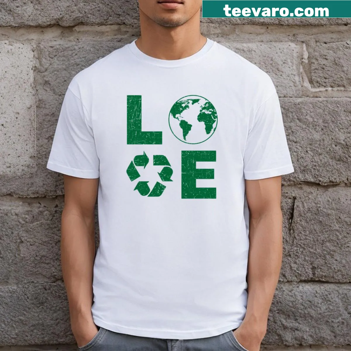 Environmental message T-shirt with 'Love The Earth' and recycling graphics. — on a men's t-shirt