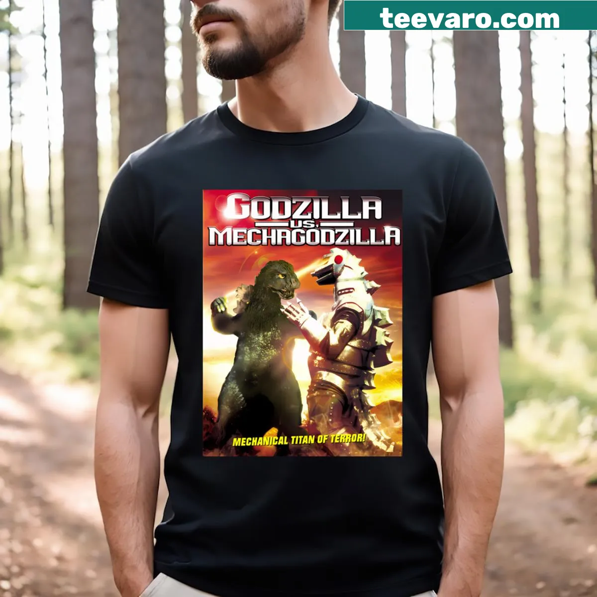 Graphic t-shirt featuring dragons and monster-themed design. — on a men's t-shirt
