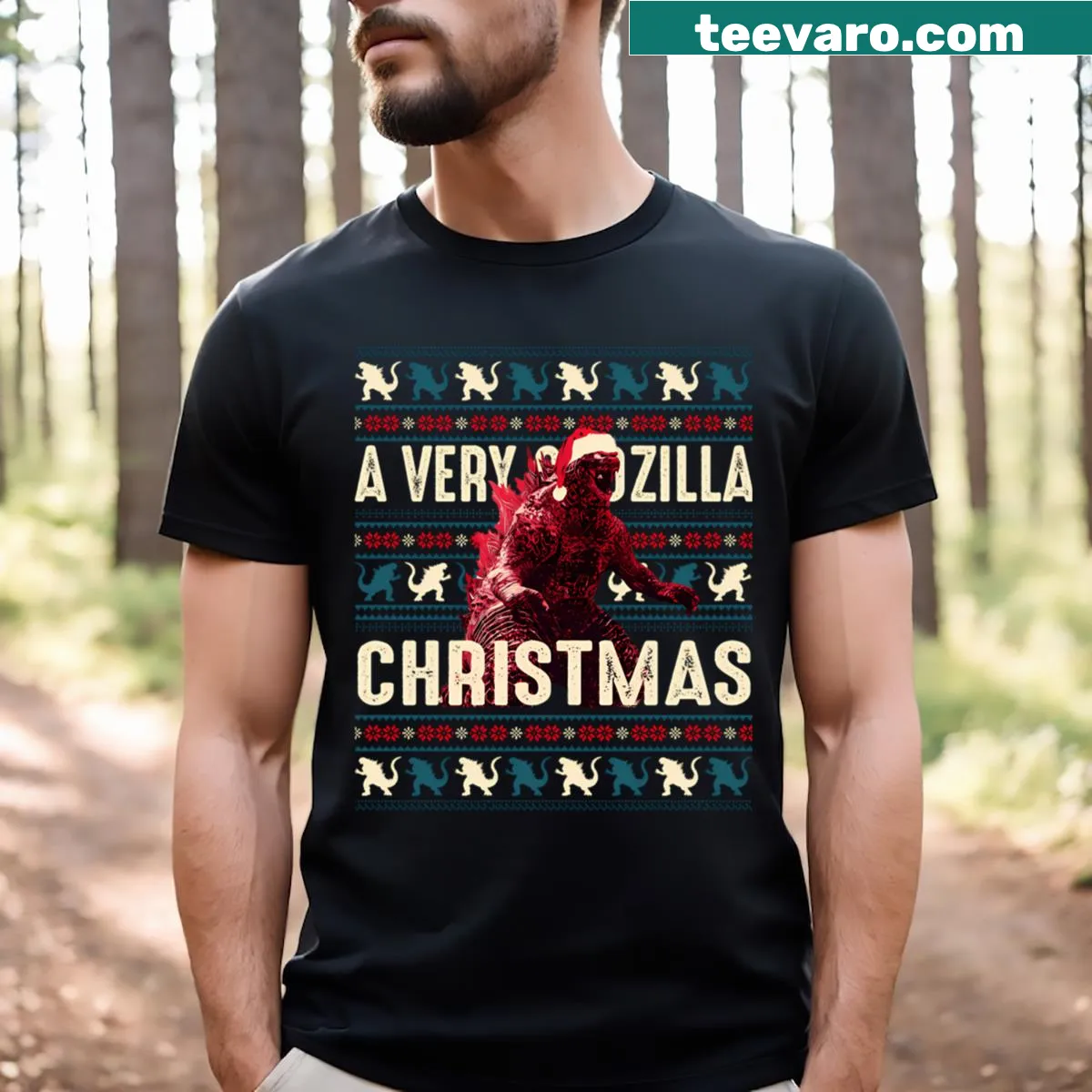 Epic battle scene of dragons and monsters on a bold graphic shirt — on a men's t-shirt