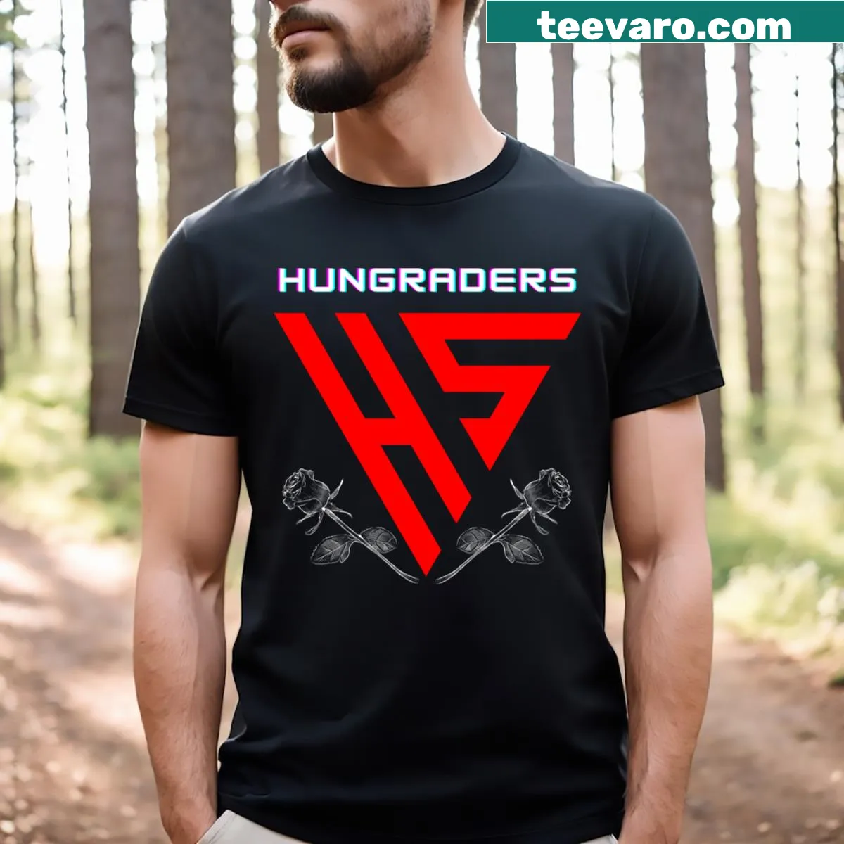 T-shirt featuring an artistic shop logo with roses. — on a men's t-shirt