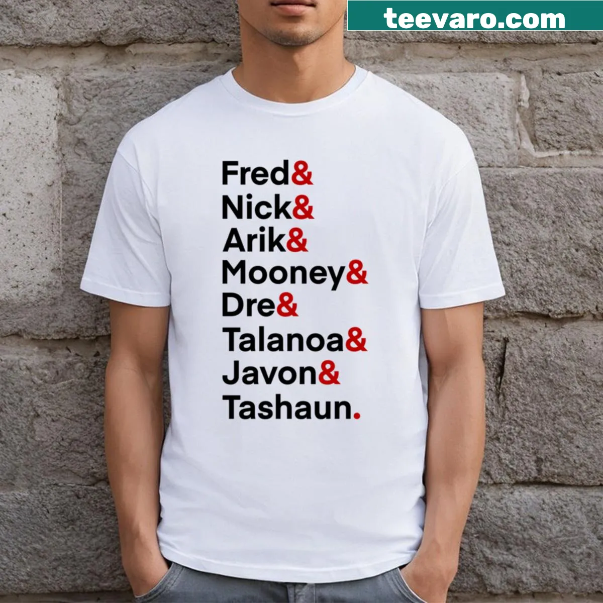 Graphic featuring Niners defense names on a T-shirt — on a men's t-shirt