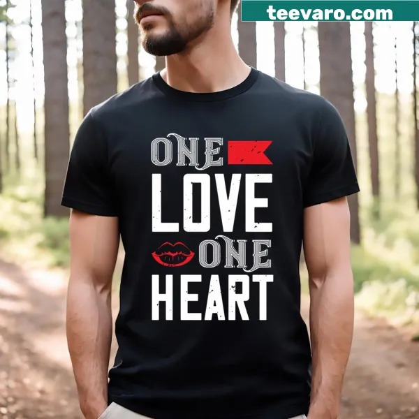 Wholesome 'One Love One Heart' typography on a t-shirt