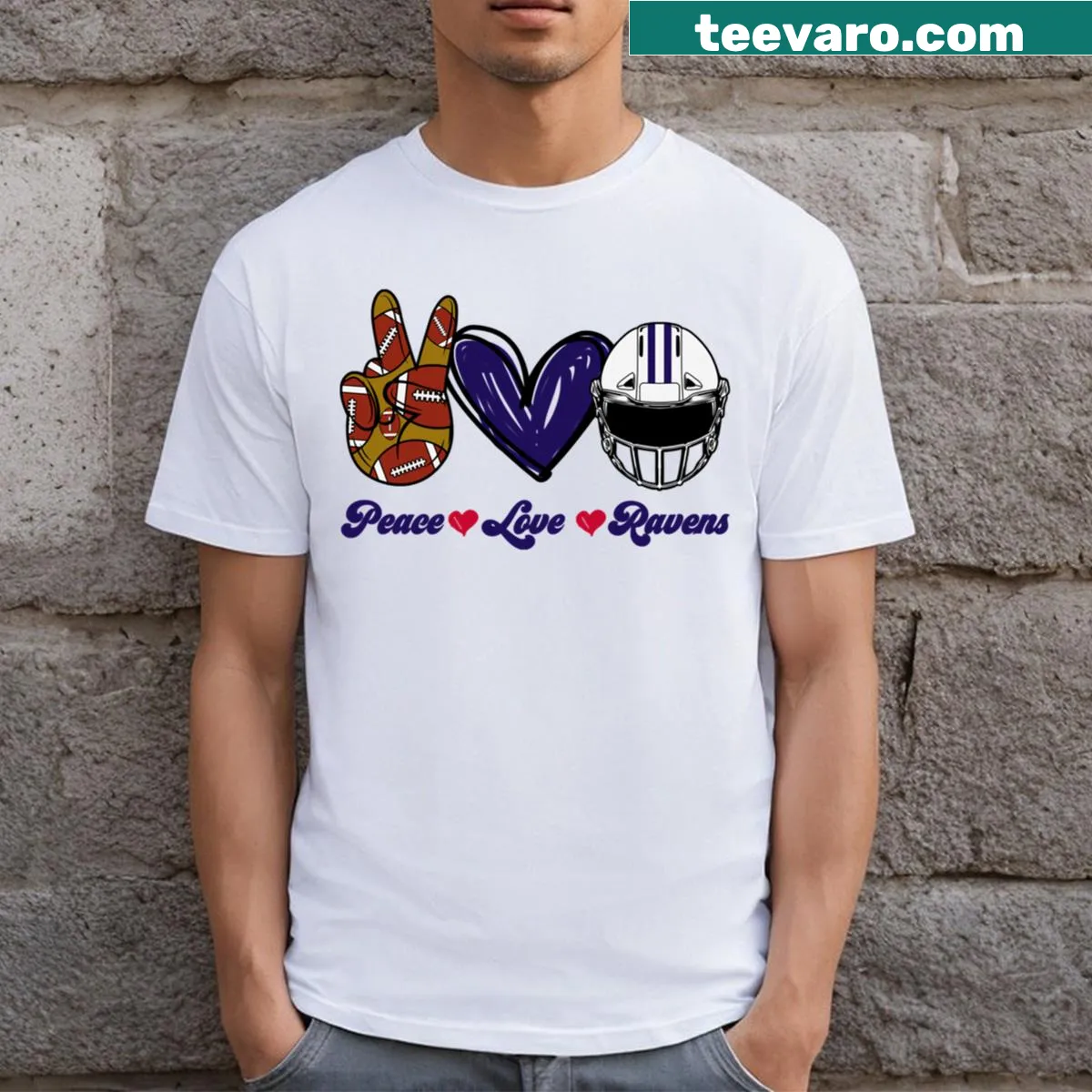 Ravens Football T-shirt featuring peace symbols and football design — on a men's t-shirt