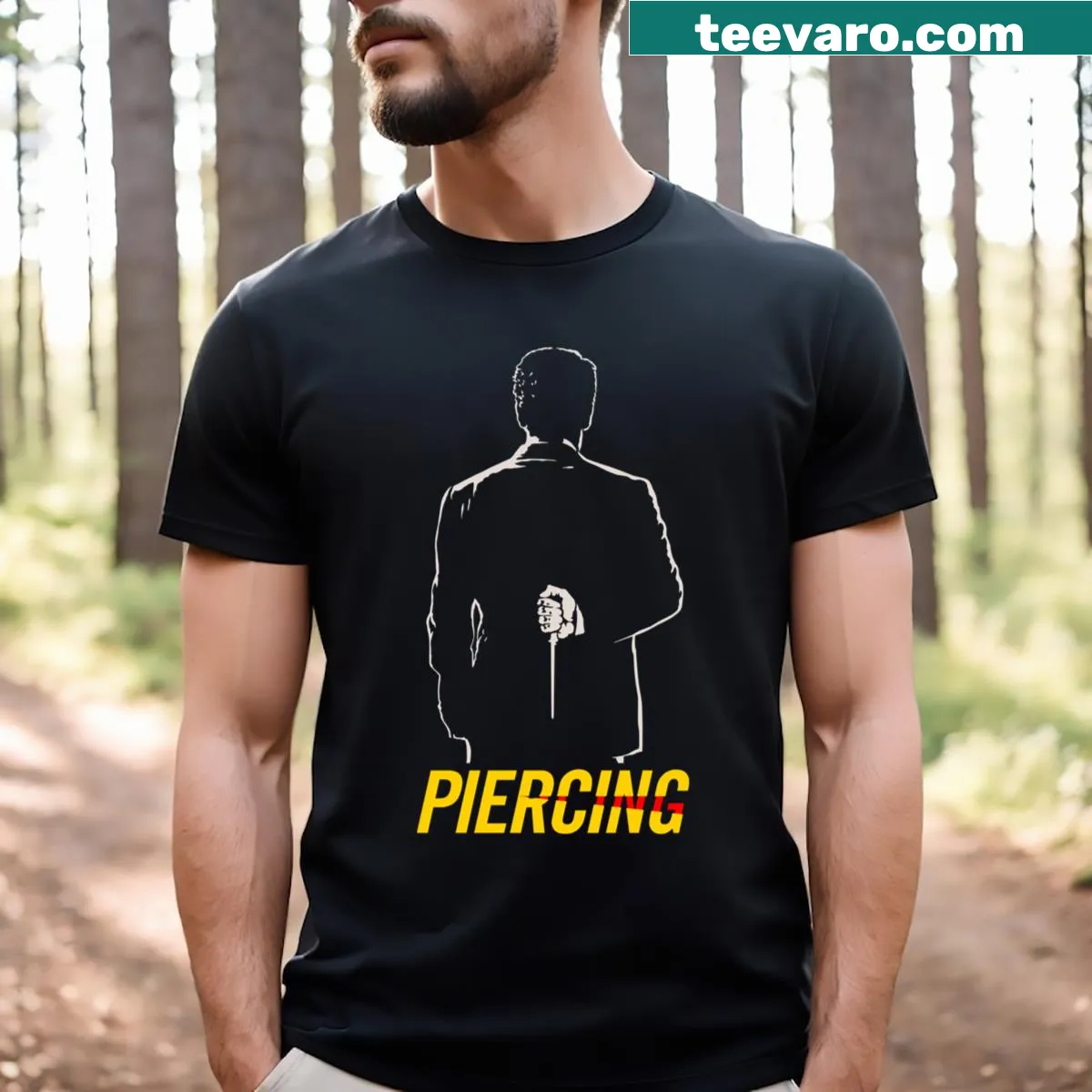 T-shirt featuring 'Piercing Movie 2018' in bold typography — on a men's t-shirt