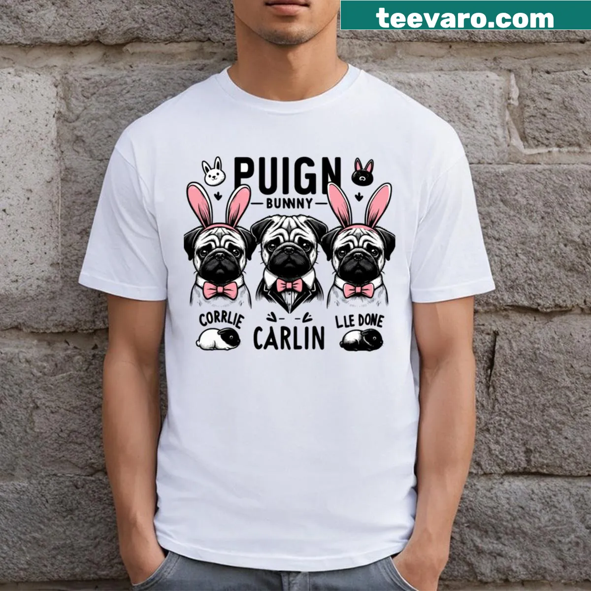 Funny t-shirt featuring Pugs Bunny cartoon with a pug — on a men's t-shirt