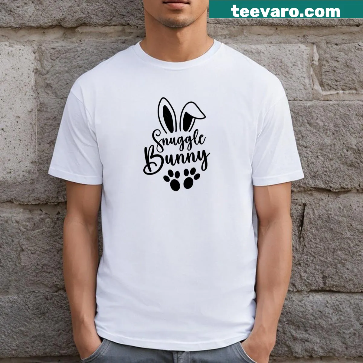 T-shirt with a cute cartoon Easter bunny design — on a men's t-shirt