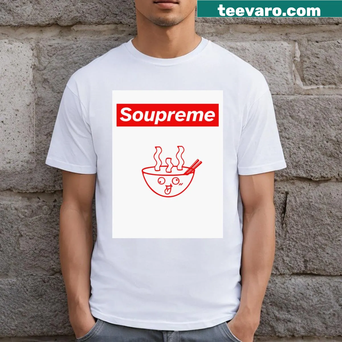 Typographic t-shirt featuring the playful word 'Soupreme' — on a men's t-shirt