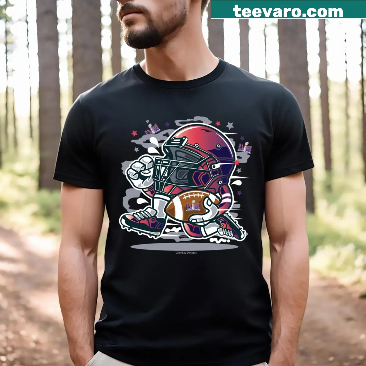 T-shirt featuring a fun character graphic inspired by the Super Bowl — on a men's t-shirt