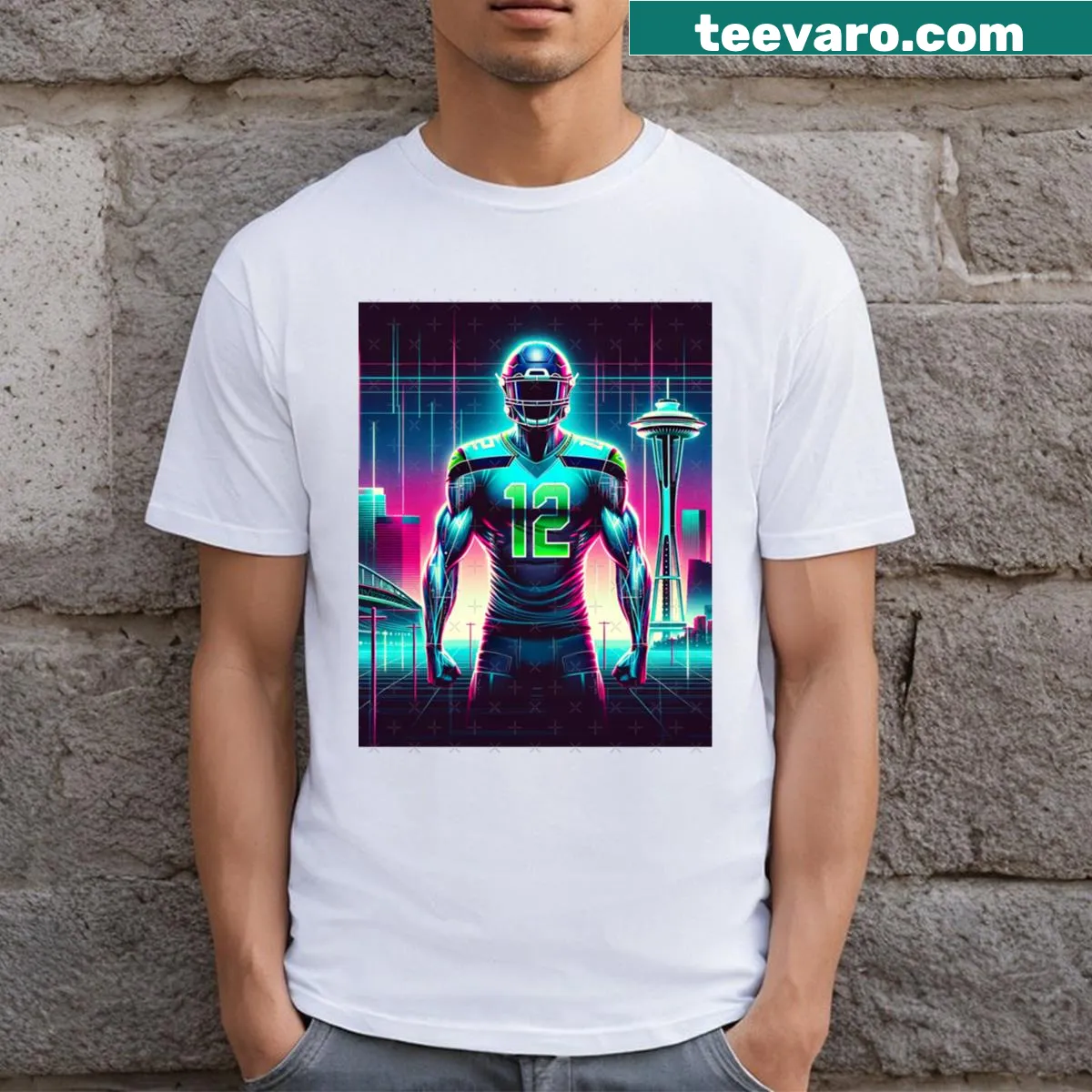 Retro Seattle themed t-shirt with synthwave design elements — on a men's t-shirt