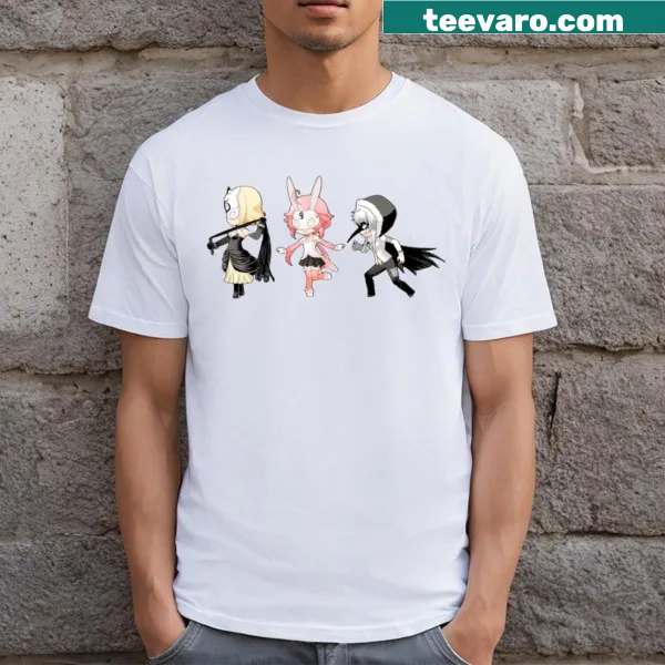 Illustrated shirt featuring the Tart Magica trio of sisters in a whimsical design
