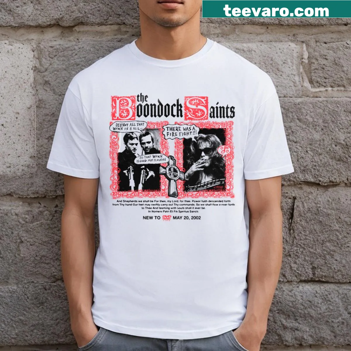 Essential t-shirt with bold typography inspired by The Boondock Saints — on a men's t-shirt