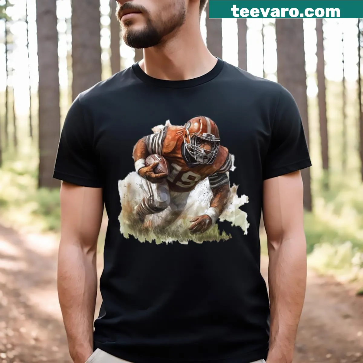 Illustration of a tiger as a football player running on the field — on a men's t-shirt