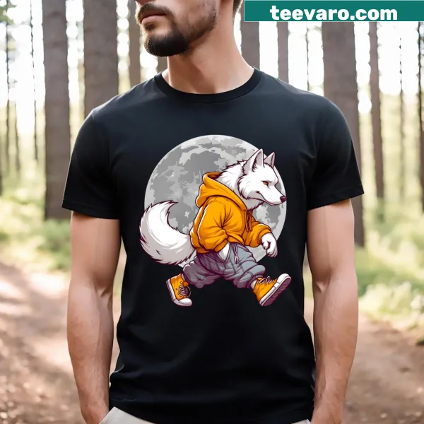 Illustrated Urban Wolf t-shirt featuring a wolf with a cityscape background.