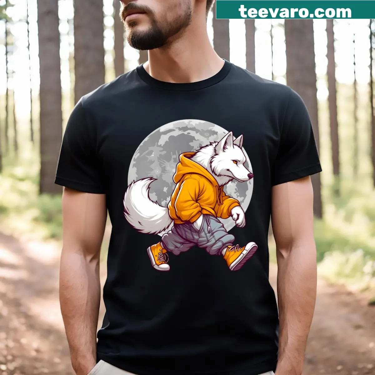Illustrated Urban Wolf t-shirt featuring a wolf with a cityscape background. — on a men's t-shirt