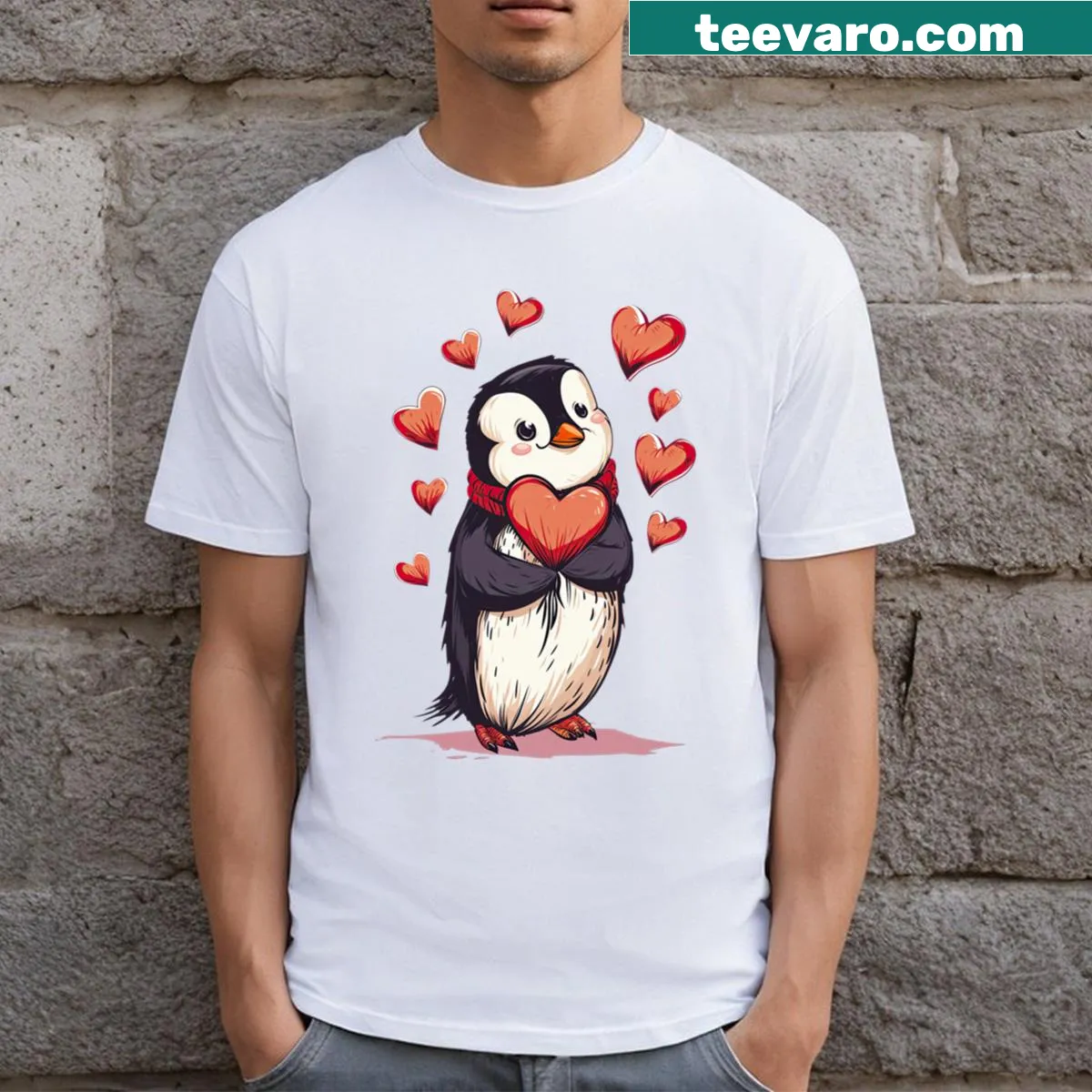 Illustration of a penguin holding a heart on a Valentine's Day T-shirt — on a men's t-shirt