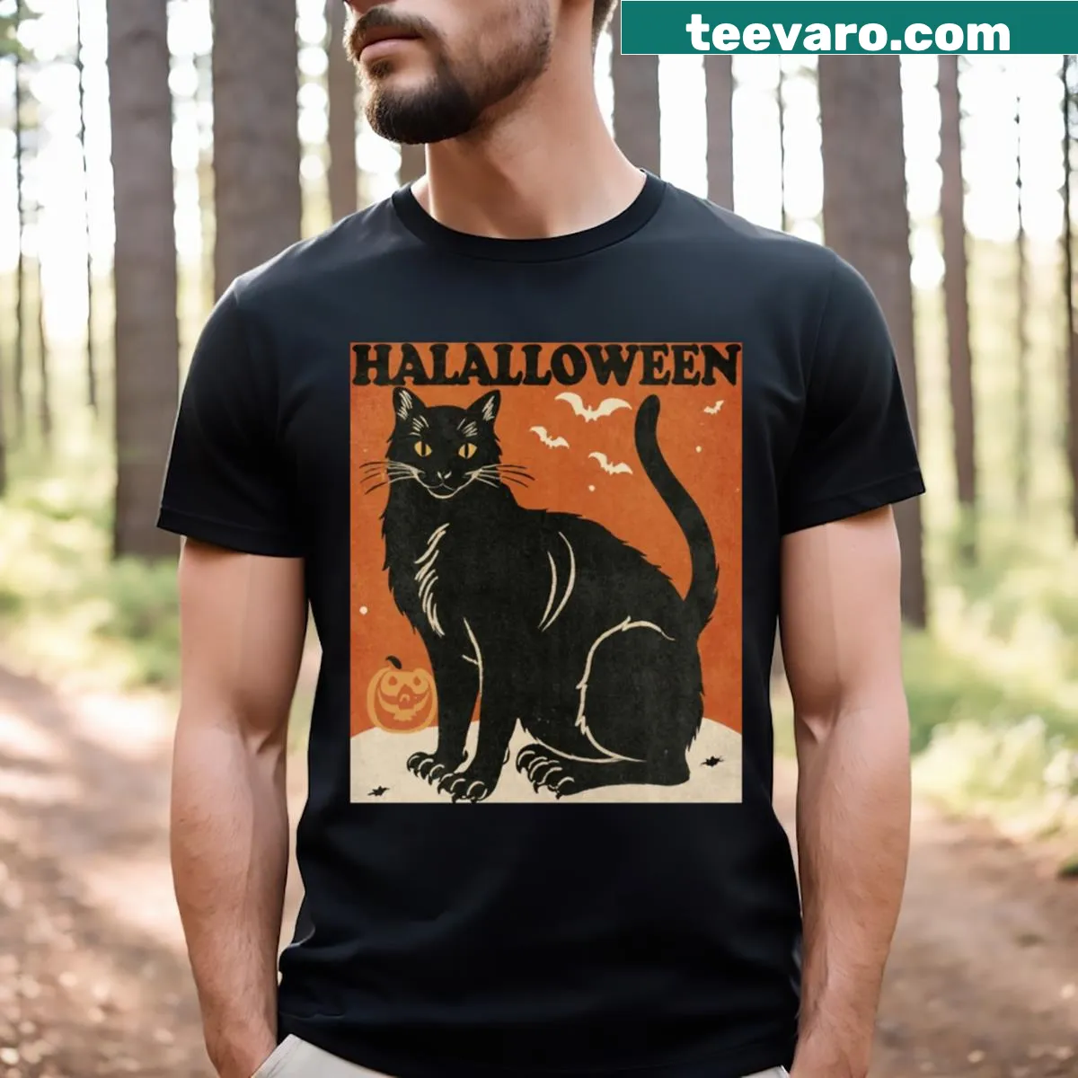 Vintage Halloween T-shirt featuring a playful black cat graphic — on a men's t-shirt
