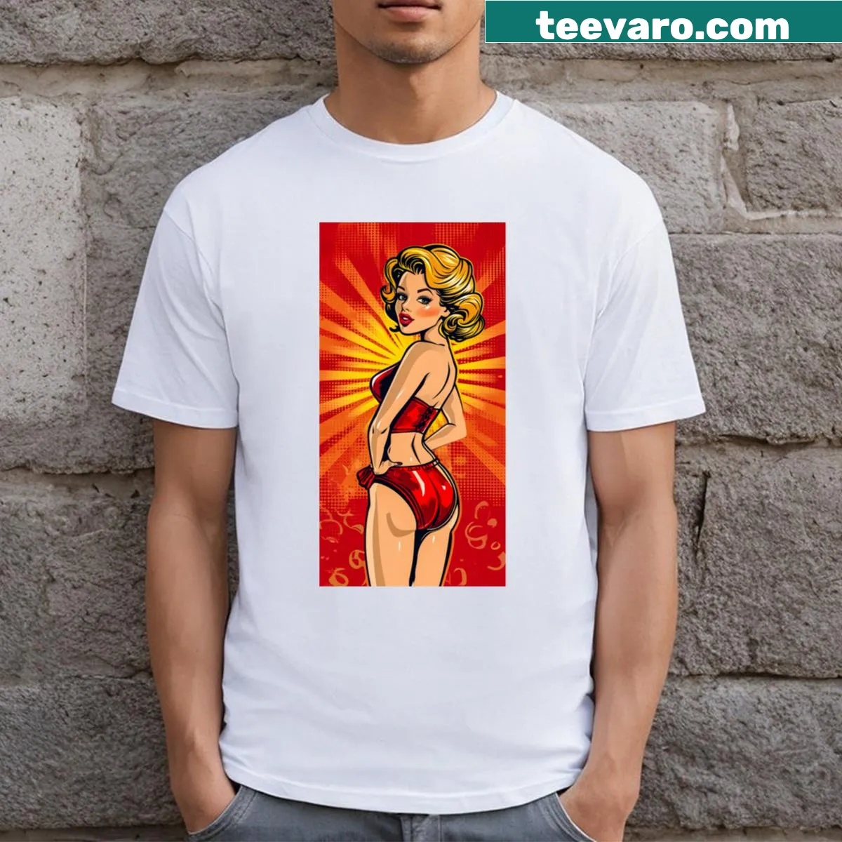 Pop art T-shirt featuring a stylish woman with a modern twist — on a men's t-shirt