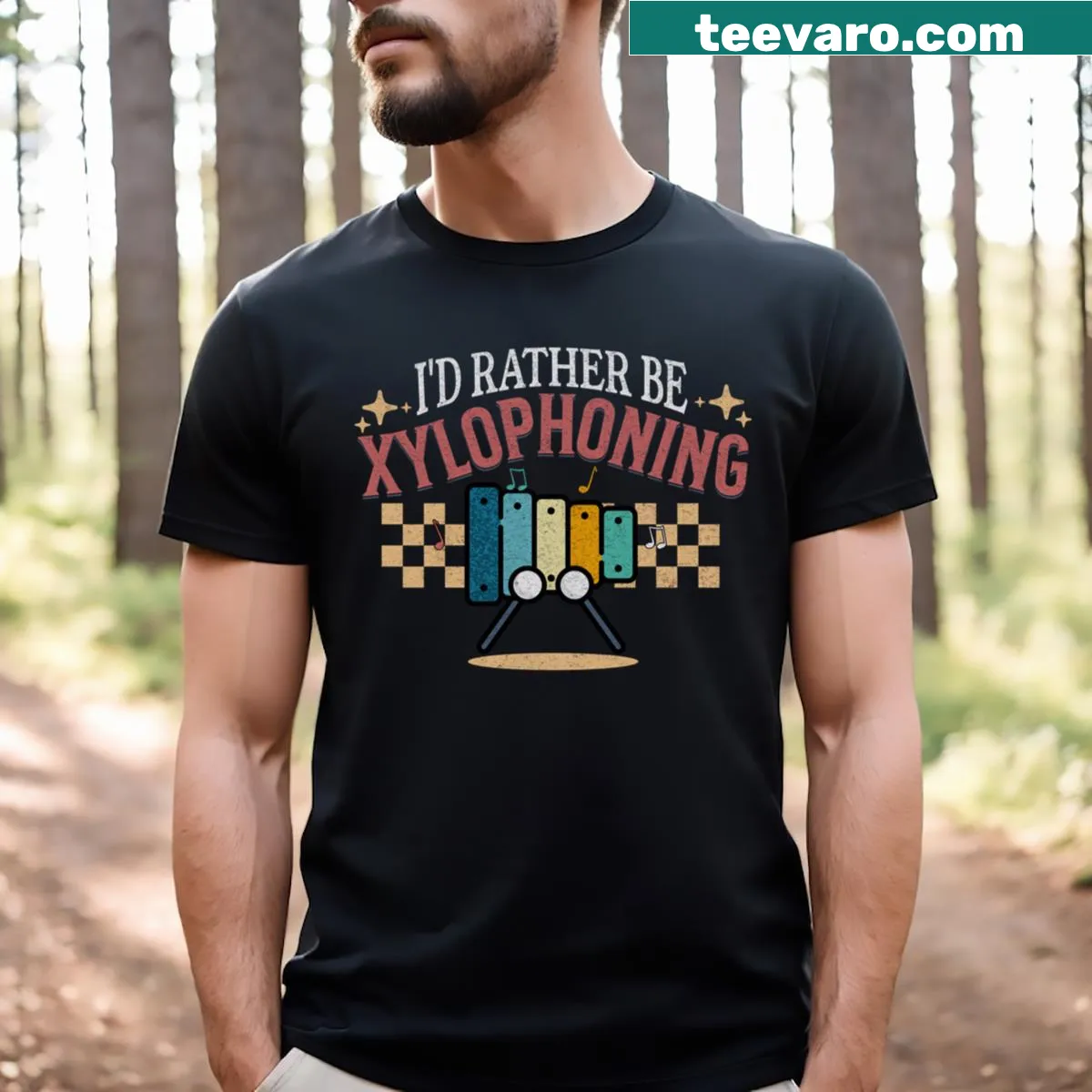 Whimsical graphic of a xylophone on a musician's tee — on a men's t-shirt