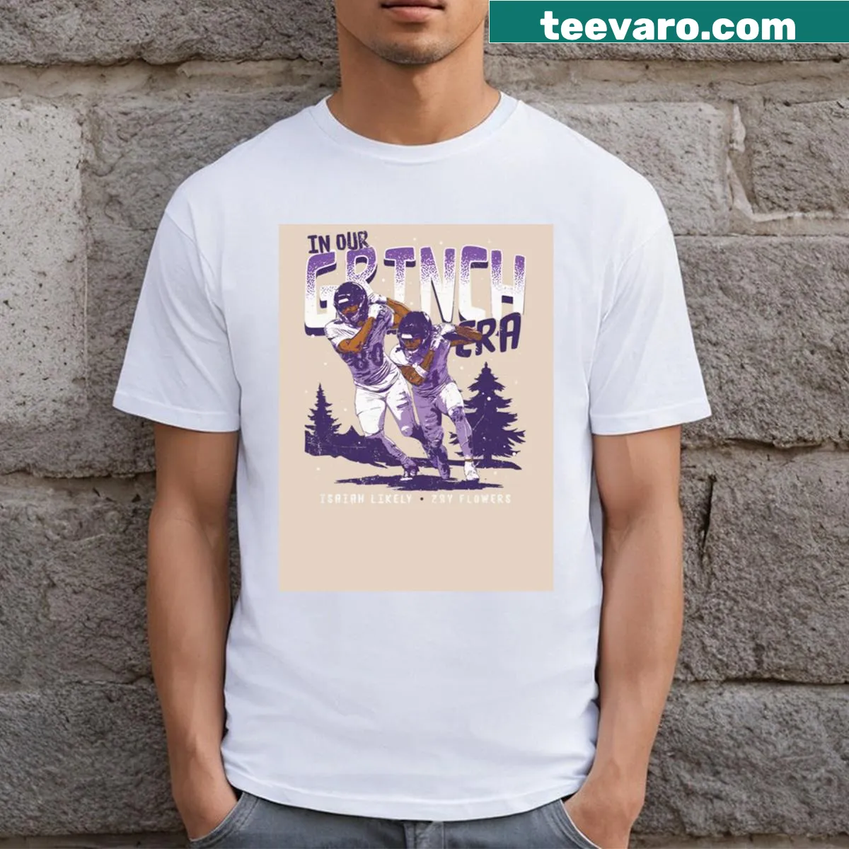 Illustrated Baltimore Football t-shirt featuring Zay Flowers and Isaiah Likely — on a men's t-shirt