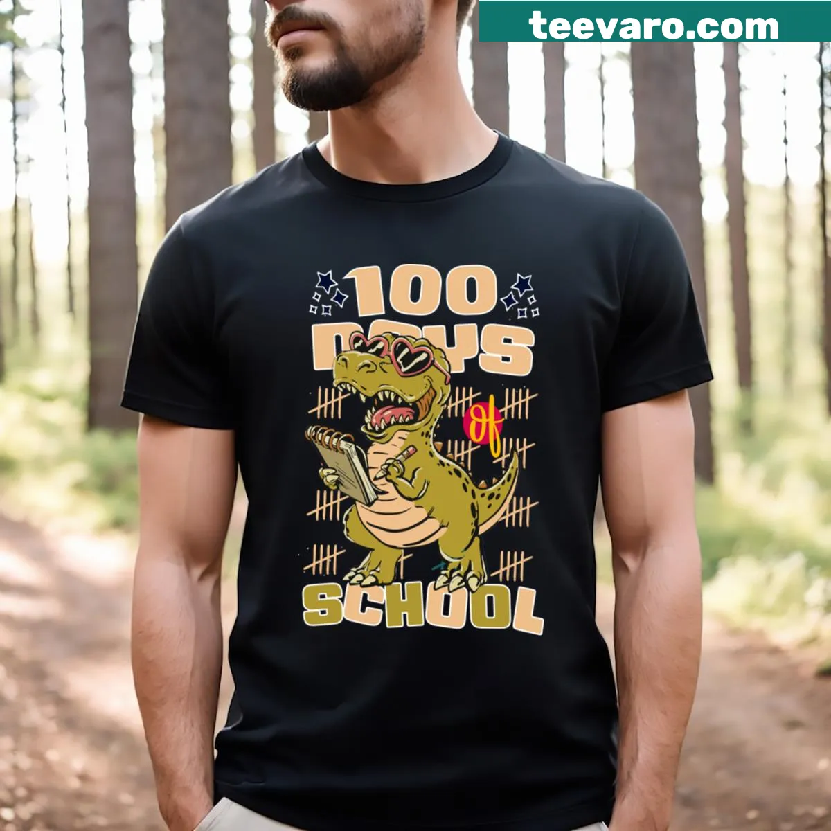Illustrated T-Rex dinosaur holding a notebook for 100 days of school — on a men's t-shirt