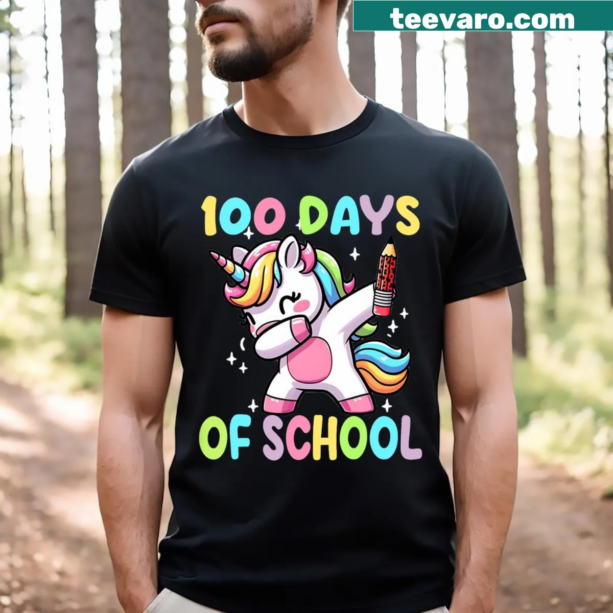 Illustrated 100 Days Of School t-shirt with unicorn and teacher — on a men's t-shirt